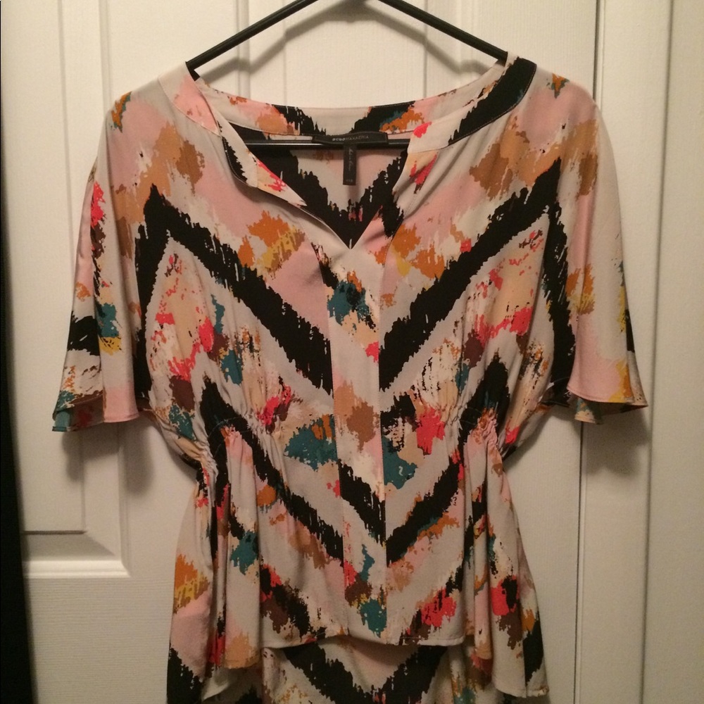 BCBG Patfait Paint Printed Silk Blouse